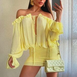 Yellow Off-Shoulder Ruffle Two-Piece Set